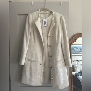 Sail to Sable Cream Tweed Shift Dress & Coat Set With Subtle Fringe/Shine Detail